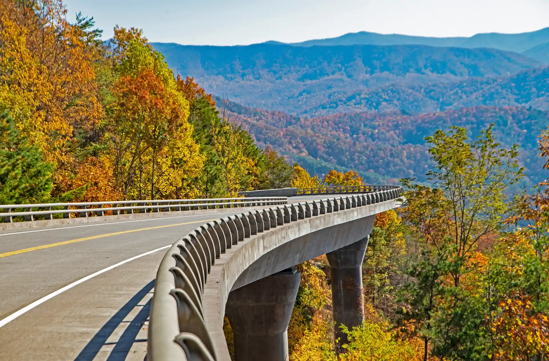 New Foothills Parkway bridge surrounded by fall foliage on a scenic Smoky Mountain drive