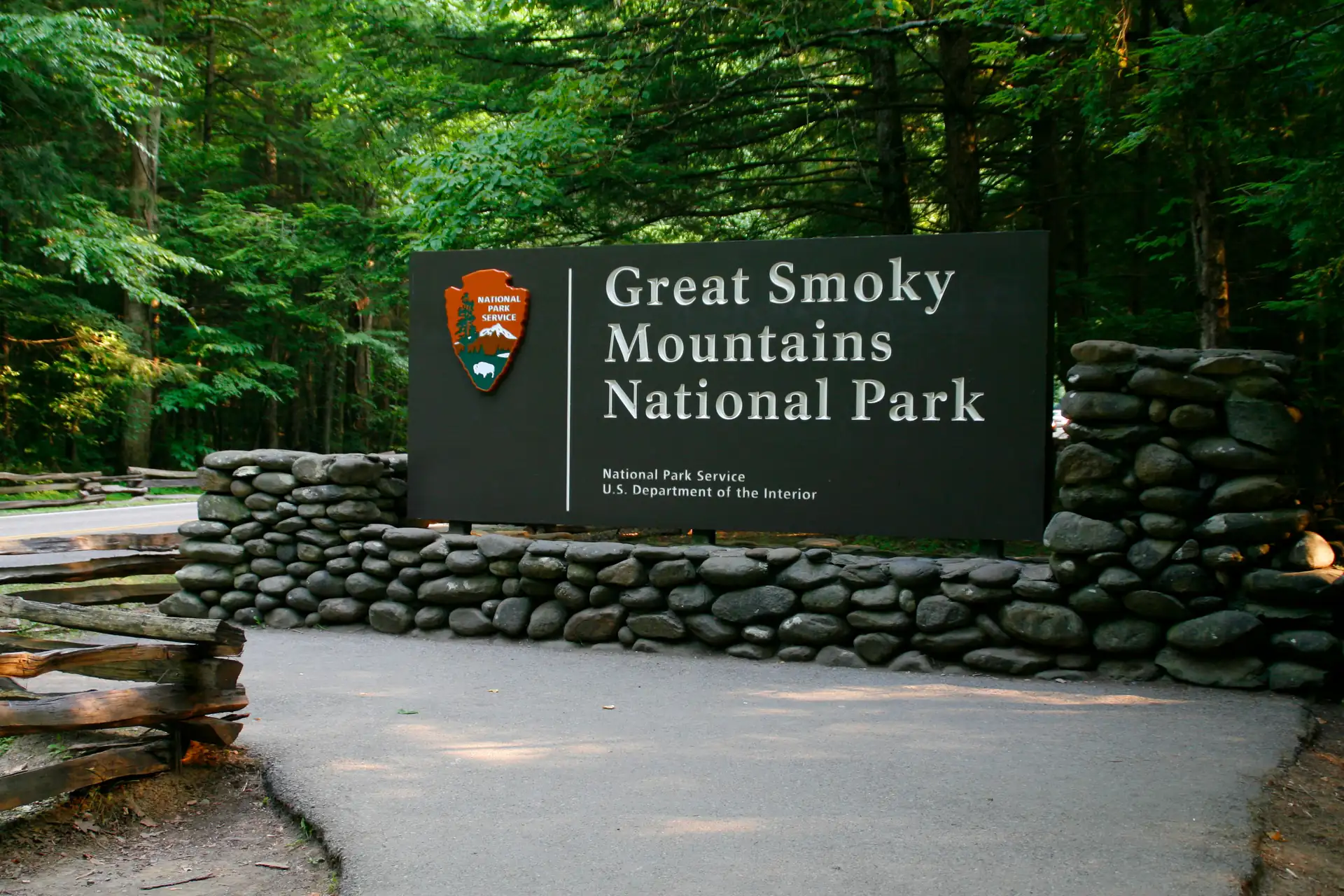 Entrance to Great Smoky Mountains National Park along a popular scenic drive route