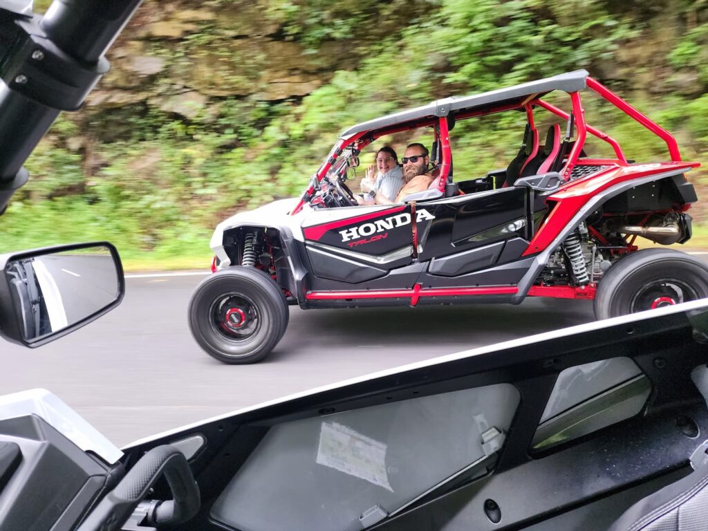 Red Honda Talon UTV rental exploring the Great Smoky Mountains