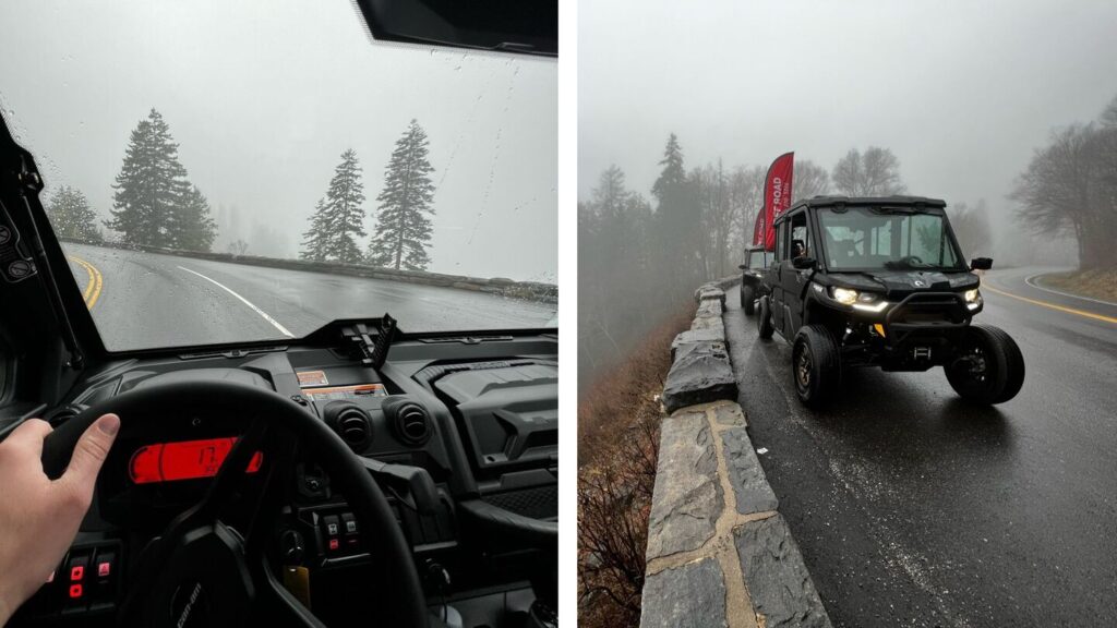 Enclosed Can-Am Defender UTV rental driving through rainy mountain roads in Pigeon Forge, TN